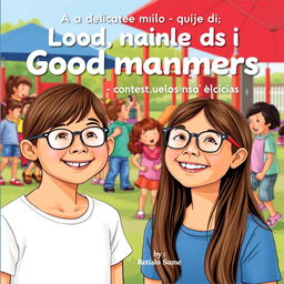 A delightful book cover for a guide on good manners in Brazilian Portuguese, featuring Leticia, a cheerful 10-year-old girl with long brown hair and glasses, smiling happily in the foreground