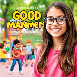 A delightful book cover for a guide on good manners in Brazilian Portuguese, featuring Leticia, a happy 10-year-old girl with long brown hair and glasses, smiling joyfully in the foreground