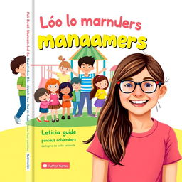 A delightful book cover for a guide on good manners in Brazilian Portuguese, featuring Leticia, a happy 10-year-old girl with long brown hair and glasses, smiling joyfully in the foreground