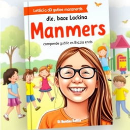 A delightful book cover for a guide on good manners in Brazilian Portuguese, featuring Leticia, a happy 10-year-old girl with long brown hair and glasses, smiling joyfully in the foreground