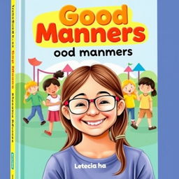 A delightful book cover for a guide on good manners in Brazilian Portuguese, featuring Leticia, a happy 10-year-old girl with long brown hair and glasses, smiling joyfully in the foreground