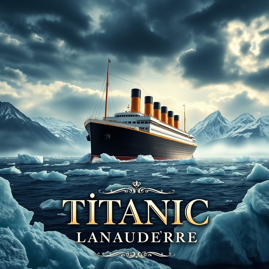 A gripping movie poster for 'Titanic Lanaudière', featuring a dramatic scene of a majestic ship reminiscent of the Titanic sailing through icy waters