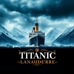 A gripping movie poster for 'Titanic Lanaudière', featuring a dramatic scene of a majestic ship reminiscent of the Titanic sailing through icy waters