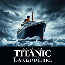 A gripping movie poster for 'Titanic Lanaudière', featuring a dramatic scene of a majestic ship reminiscent of the Titanic sailing through icy waters