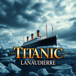 A gripping movie poster for 'Titanic Lanaudière', featuring a dramatic scene of a majestic ship reminiscent of the Titanic sailing through icy waters