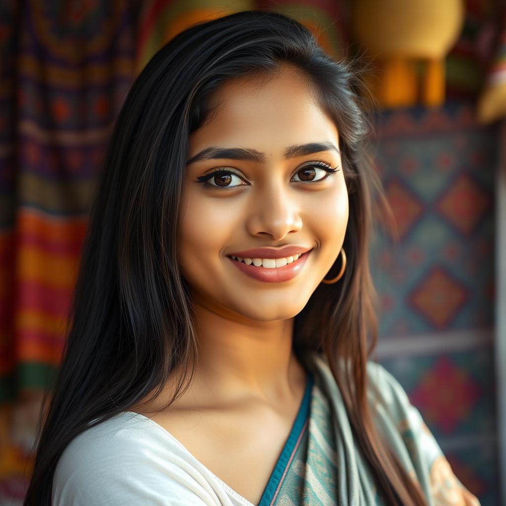 A portrait of a young Bangladeshi woman with striking features, showcasing her unique hairy lips in a natural and confident manner