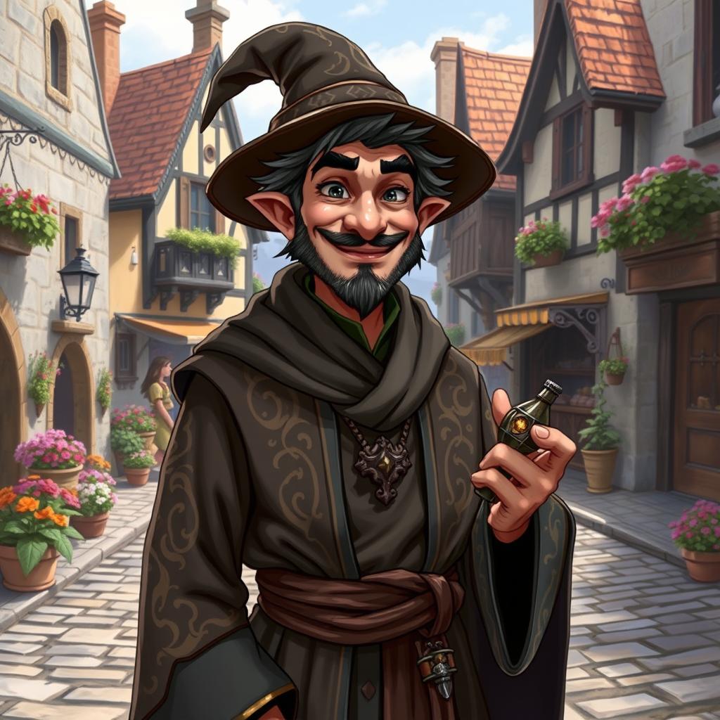 A mischievous human cleric named Rufo, characterized by a playful expression and a sly smile