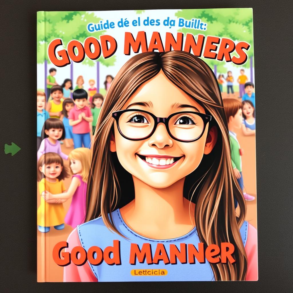 A charming book cover for a guide on good manners in Brazilian Portuguese, featuring Leticia, a happy 10-year-old girl with long brown hair and glasses, smiling in the foreground