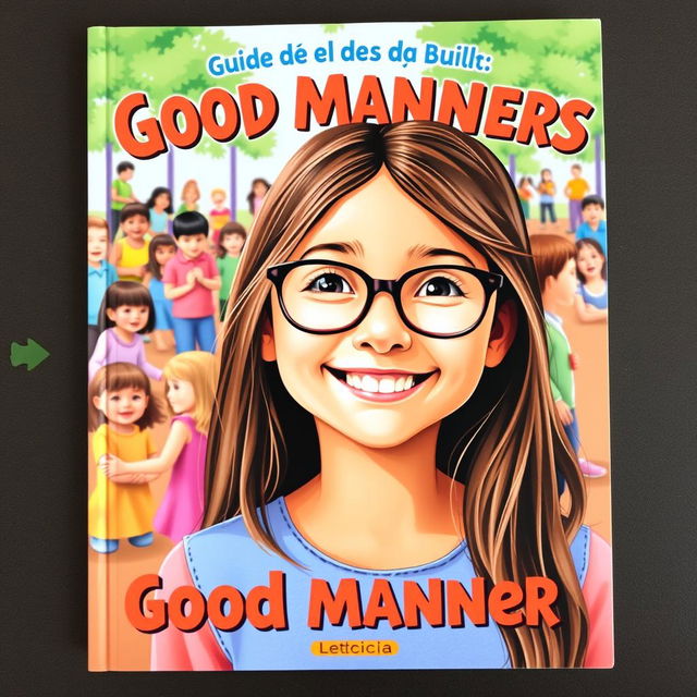 A charming book cover for a guide on good manners in Brazilian Portuguese, featuring Leticia, a happy 10-year-old girl with long brown hair and glasses, smiling in the foreground