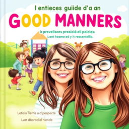 A charming book cover for a guide on good manners in Brazilian Portuguese, featuring Leticia, a happy 10-year-old girl with long brown hair and glasses, smiling in the foreground