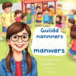 A charming book cover for a guide on good manners in Brazilian Portuguese, featuring Leticia, a happy 10-year-old girl with long brown hair and glasses, smiling in the foreground