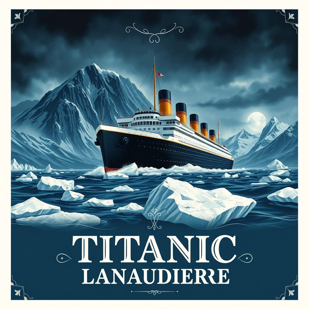 An evocative movie poster for 'Titanic Lanaudière', featuring an illustration of a grand ocean liner sailing majestically through icy waters, reminiscent of the famous Titanic