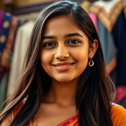 A portrait of a young Bangladeshi woman, aged 17, featuring her unique facial hair in a striking and confident manner