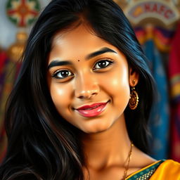 A portrait of a young Bangladeshi woman, aged 17, featuring her unique facial hair in a striking and confident manner