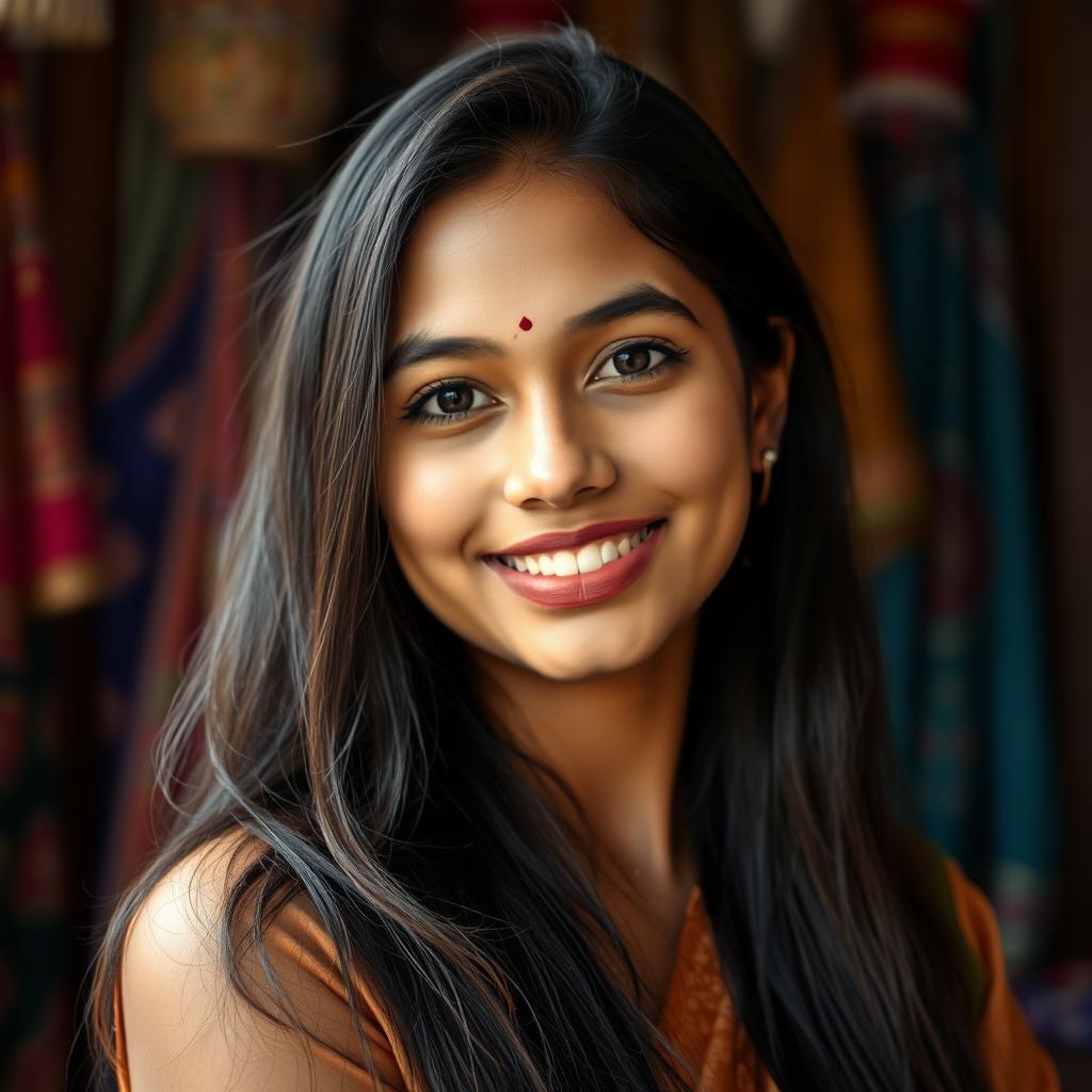 A portrait of a young Bangladeshi woman, aged 17, featuring her unique facial hair in a striking and confident manner