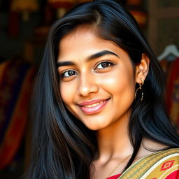 A portrait of a young Bangladeshi woman, aged 17, featuring her unique facial hair in a striking and confident manner