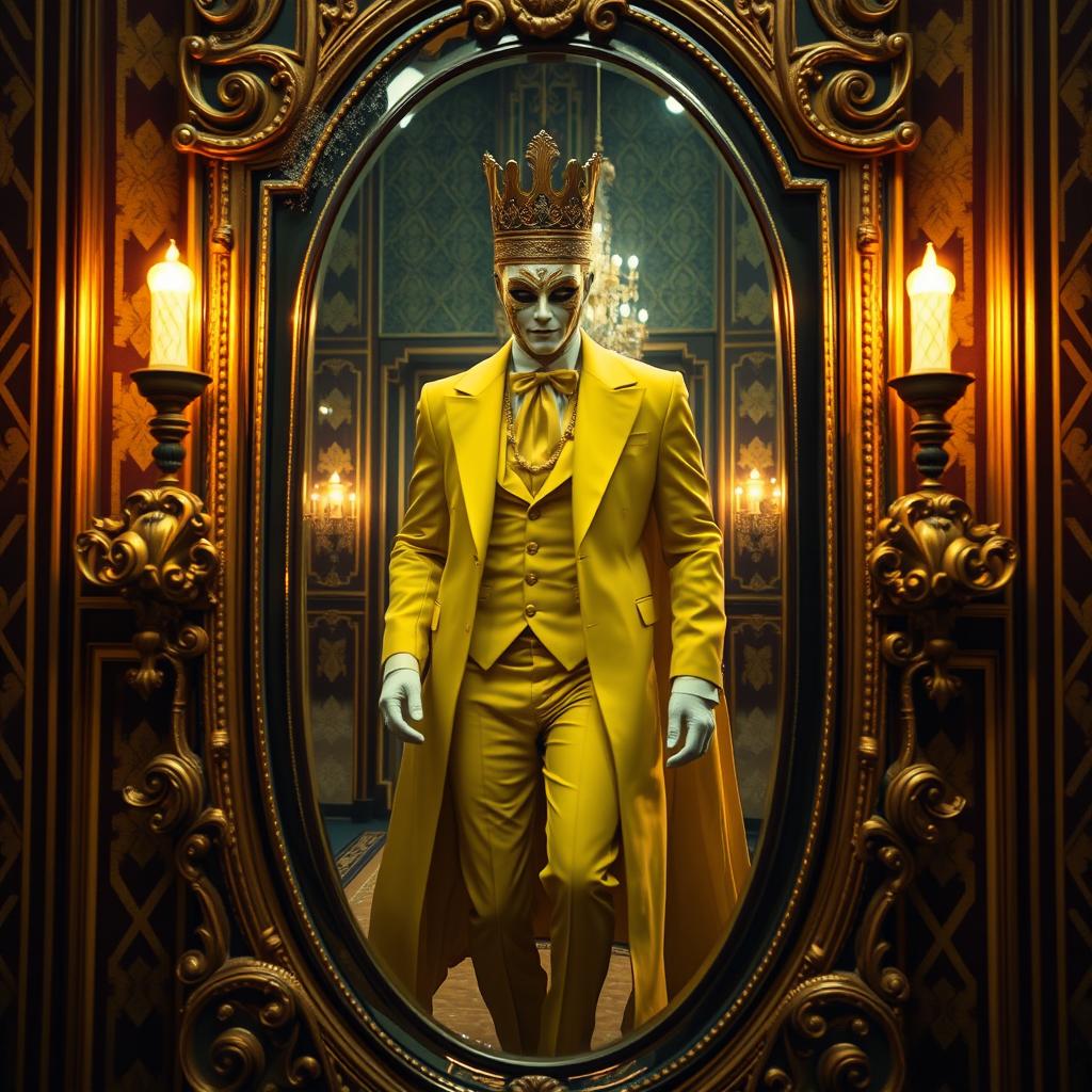 A mysterious Masked King in Yellow, adorned in a lavishly detailed Art Deco outfit, elegantly strides through an ornate mirror that reflects the opulence of a bygone era