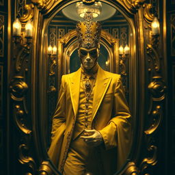 A mysterious Masked King in Yellow, adorned in a lavishly detailed Art Deco outfit, elegantly strides through an ornate mirror that reflects the opulence of a bygone era