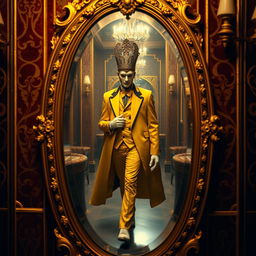 A mysterious Masked King in Yellow, adorned in a lavishly detailed Art Deco outfit, elegantly strides through an ornate mirror that reflects the opulence of a bygone era