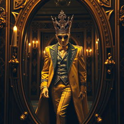 A mysterious Masked King in Yellow, adorned in a lavishly detailed Art Deco outfit, elegantly strides through an ornate mirror that reflects the opulence of a bygone era