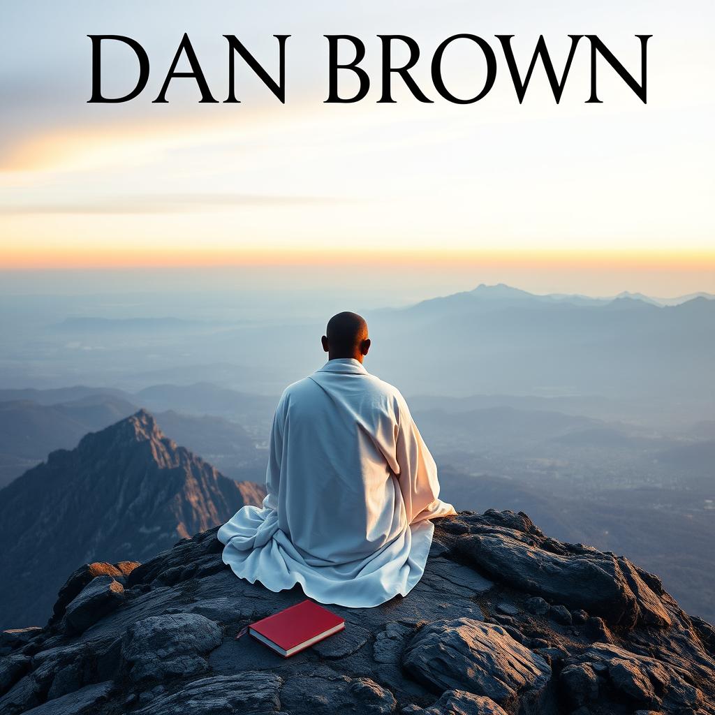 A book cover in the style of 'The Lost Symbol' by Dan Brown, featuring an image of a black guru, an eremite, sitting on the peak of a mountain