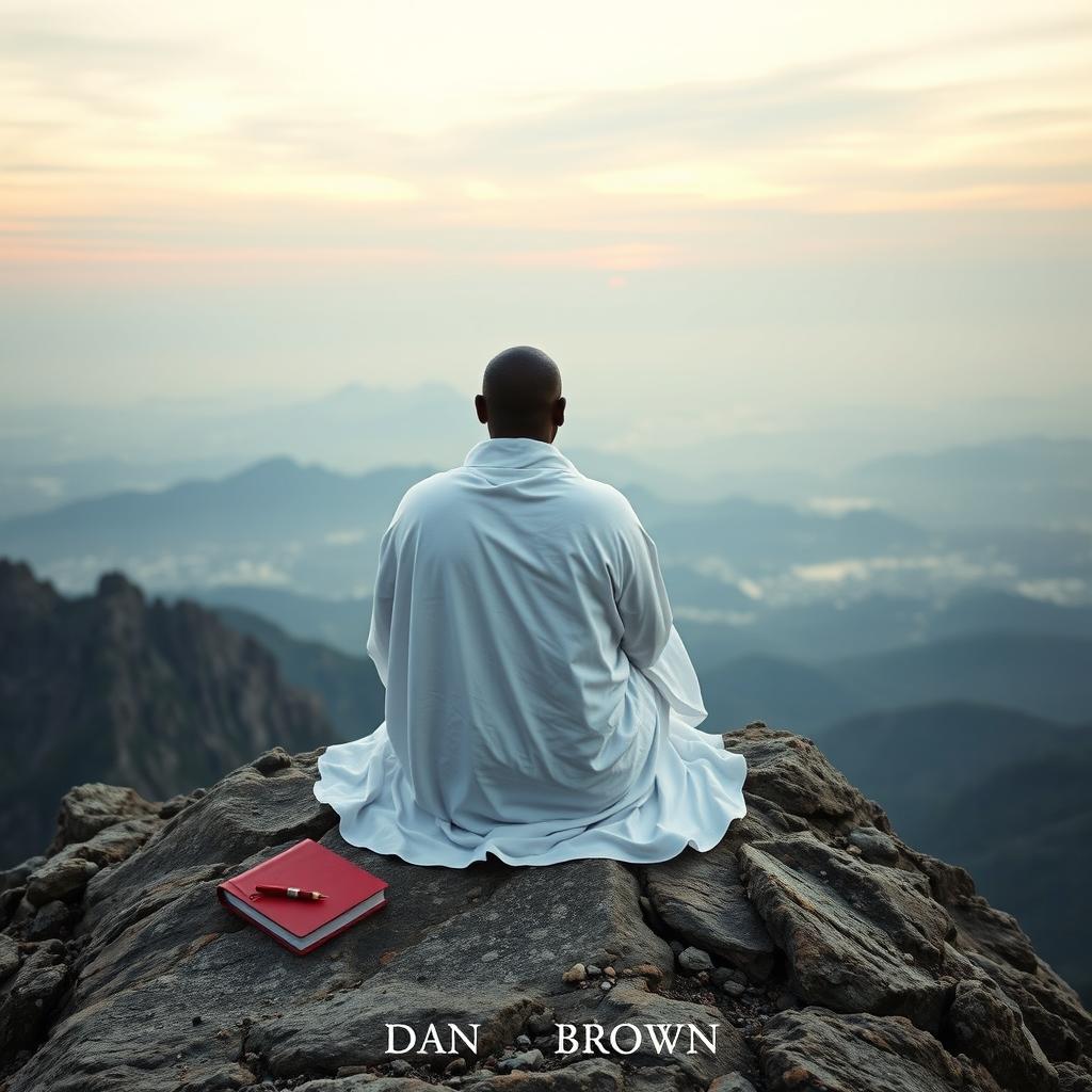 A book cover in the style of 'The Lost Symbol' by Dan Brown, featuring an image of a black guru, an eremite, sitting on the peak of a mountain