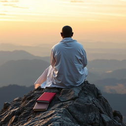 A book cover in the style of 'The Lost Symbol' by Dan Brown, featuring an image of a black guru, an eremite, sitting on the peak of a mountain