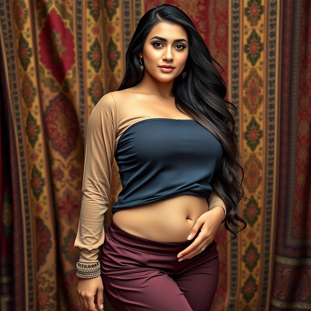 An attractive Middle-Eastern woman with a curvy physique, featuring prominent hips and an hourglass figure, dressed in modest clothing that highlights her voluptuous silhouette