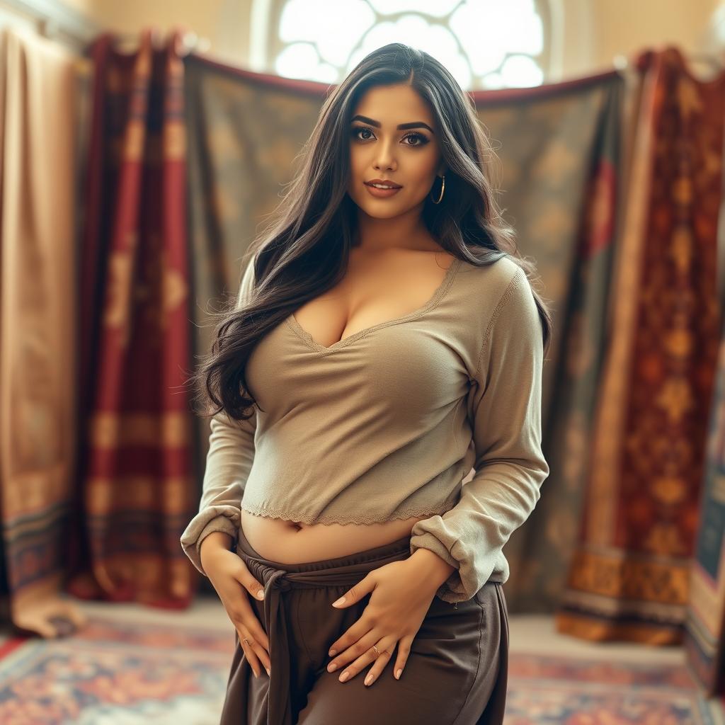 An attractive Middle-Eastern woman with a curvy physique, featuring prominent hips and an hourglass figure, dressed in modest clothing that highlights her voluptuous silhouette