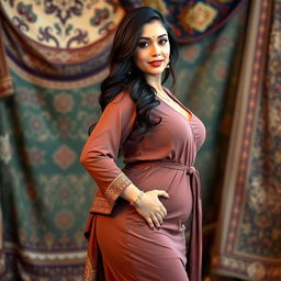 An attractive Middle-Eastern woman with a curvy physique, featuring prominent hips and an hourglass figure, dressed in modest clothing that highlights her voluptuous silhouette