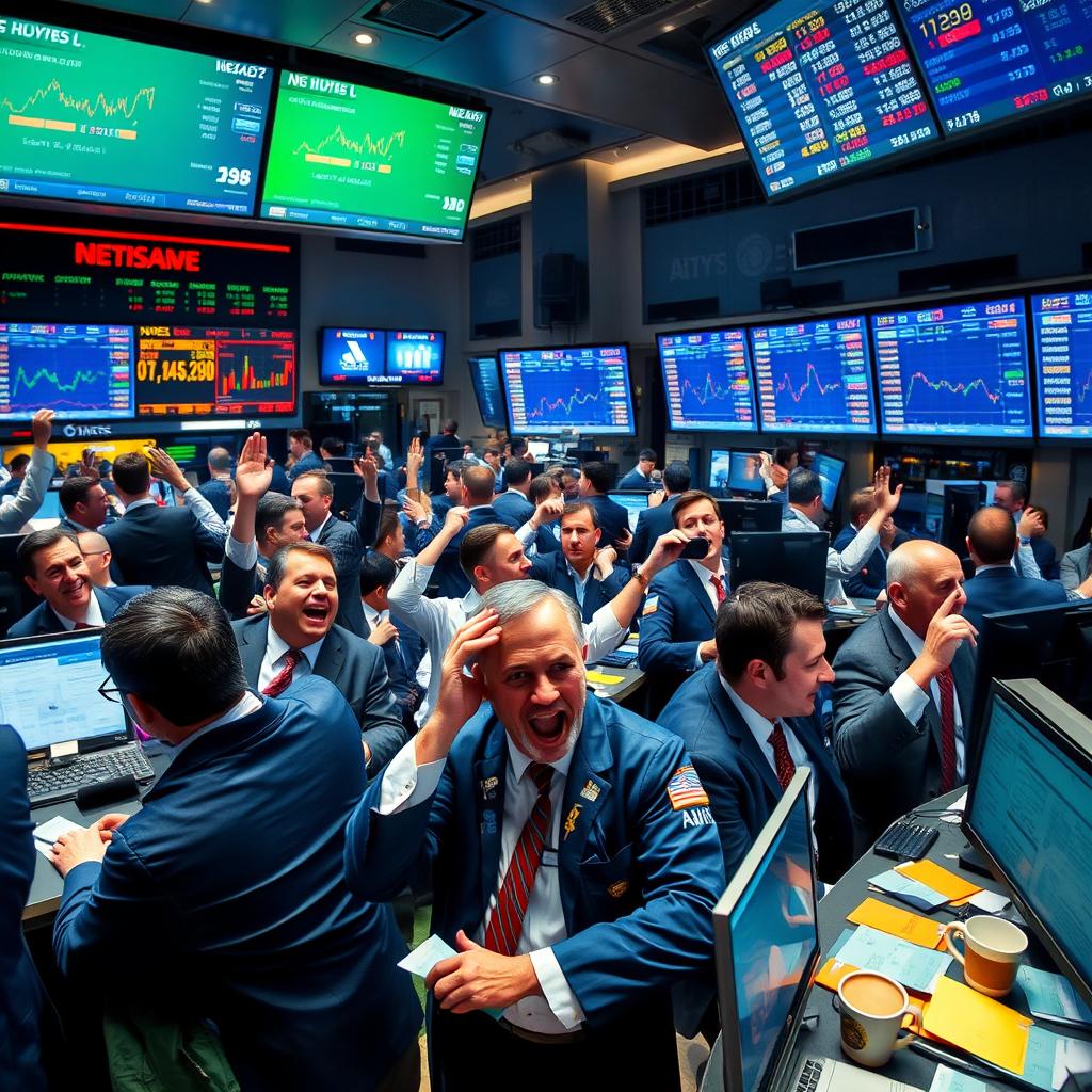 An engaging and dynamic trading scene, showcasing a bustling stock exchange floor filled with enthusiastic traders monitoring multiple screens displaying stock quotes and market trends