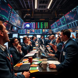 An engaging and dynamic trading scene, showcasing a bustling stock exchange floor filled with enthusiastic traders monitoring multiple screens displaying stock quotes and market trends