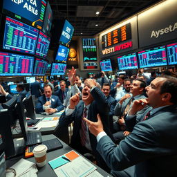 An engaging and dynamic trading scene, showcasing a bustling stock exchange floor filled with enthusiastic traders monitoring multiple screens displaying stock quotes and market trends