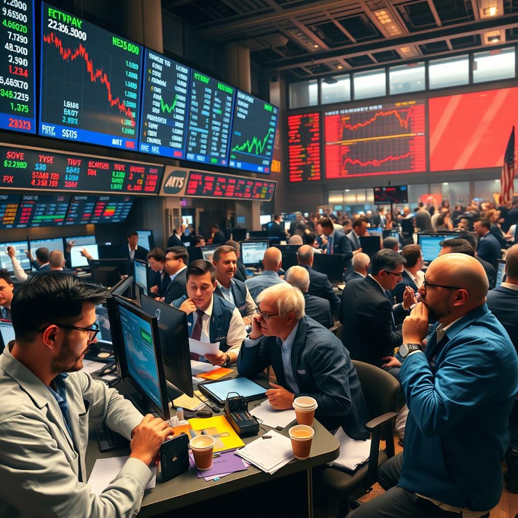 An engaging and dynamic trading scene, showcasing a bustling stock exchange floor filled with enthusiastic traders monitoring multiple screens displaying stock quotes and market trends