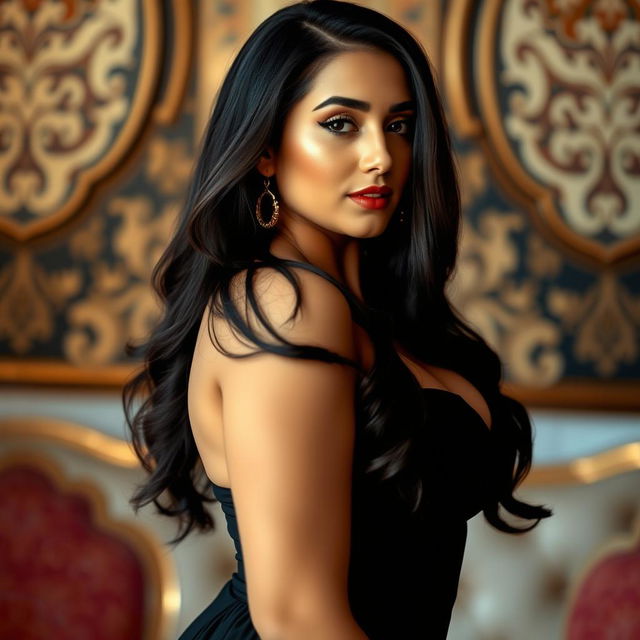 A beautiful Middle-Eastern woman with a curvy physique and pronounced features, posing confidently in an elegant, artistic setting