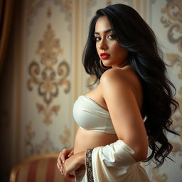 A beautiful Middle-Eastern woman with a curvy physique and pronounced features, posing confidently in an elegant, artistic setting