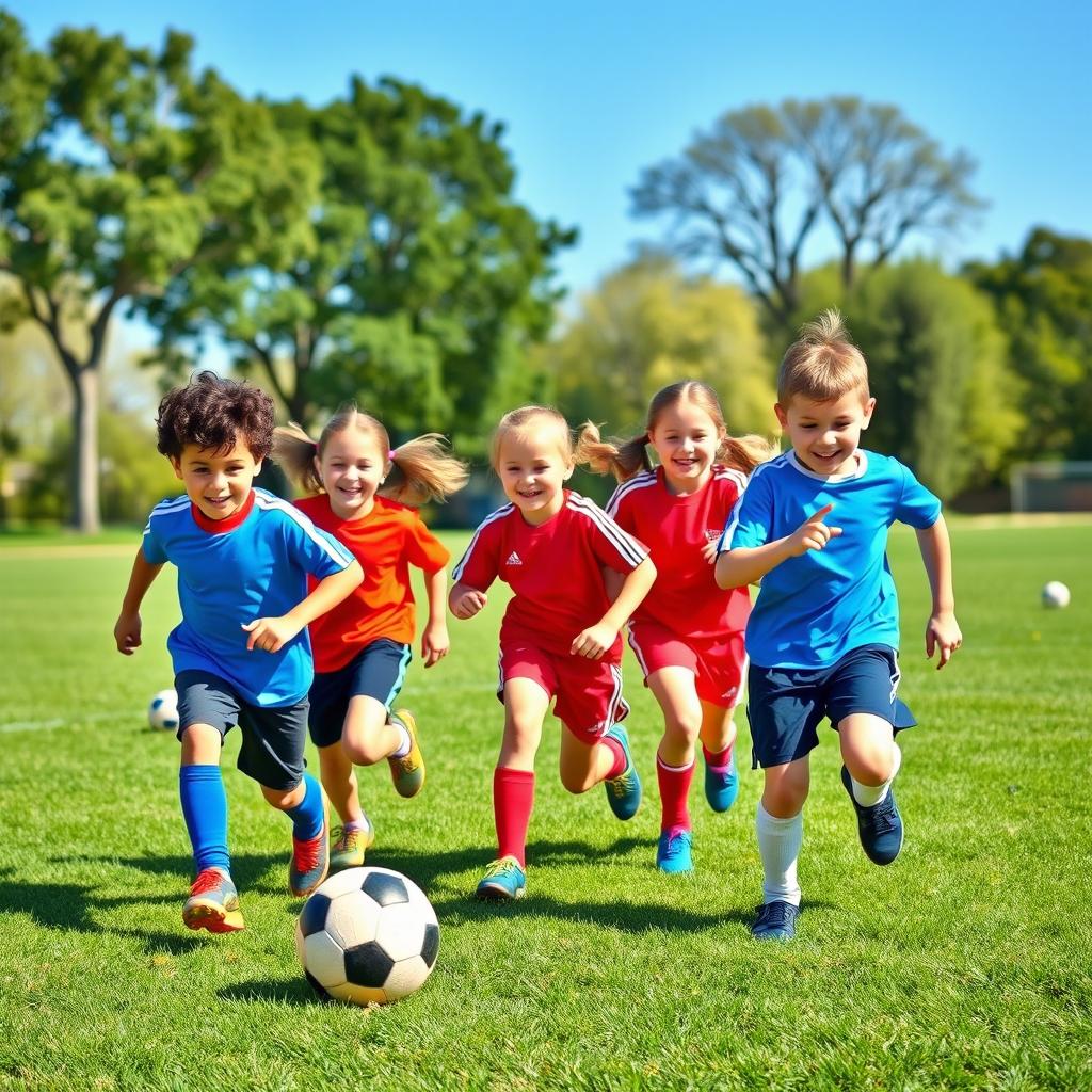 Four energetic children playing a fun game of soccer in a bright, sunny park