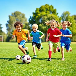 Four energetic children playing a fun game of soccer in a bright, sunny park