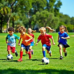 Four energetic children playing a fun game of soccer in a bright, sunny park