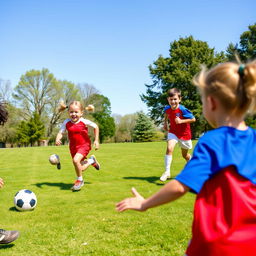 Four energetic children playing a fun game of soccer in a bright, sunny park