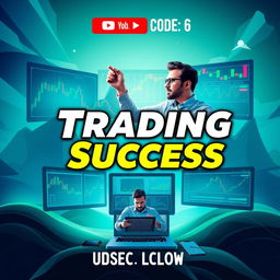 An engaging and stylish YouTube cover for a trading vlog, featuring an artistic depiction of a stock market landscape with rising candlestick charts, screens filled with trading data, and a confident trader analyzing information