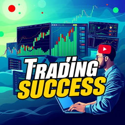 An engaging and stylish YouTube cover for a trading vlog, featuring an artistic depiction of a stock market landscape with rising candlestick charts, screens filled with trading data, and a confident trader analyzing information