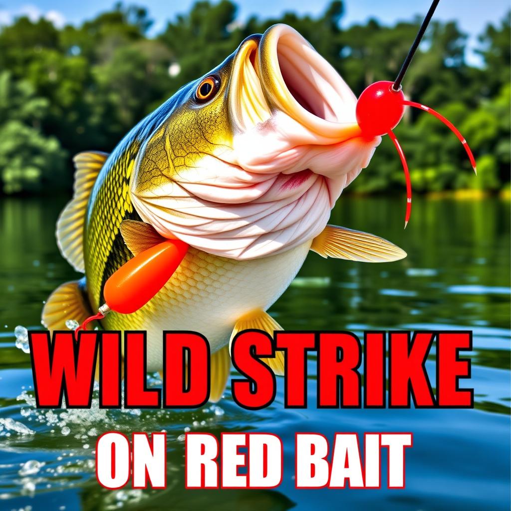 A high-resolution thumbnail showcasing a close-up of a large bass actively attacking a bright red lure in water, capturing the excitement of fishing