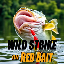 A high-resolution thumbnail showcasing a close-up of a large bass actively attacking a bright red lure in water, capturing the excitement of fishing