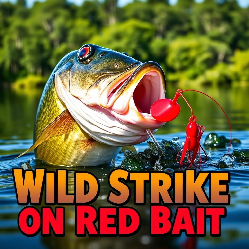 A high-resolution thumbnail showcasing a close-up of a large bass actively attacking a bright red lure in water, capturing the excitement of fishing