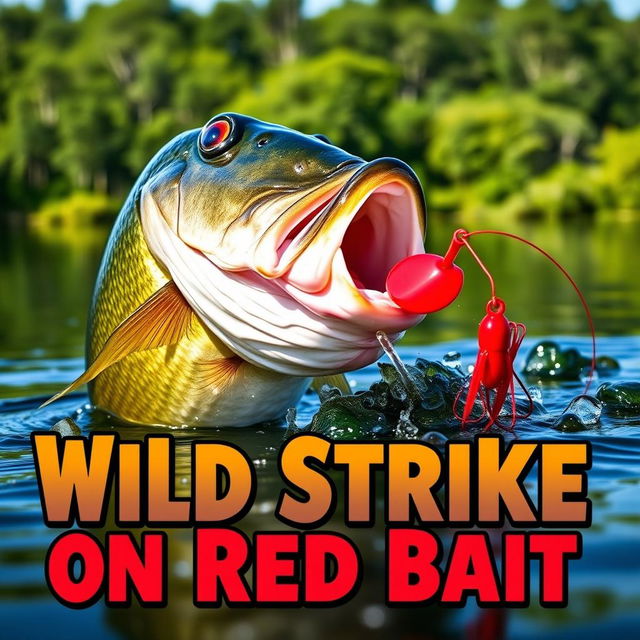 A high-resolution thumbnail showcasing a close-up of a large bass actively attacking a bright red lure in water, capturing the excitement of fishing