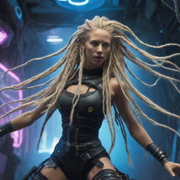 A psytrance-inspired cyber-organic figure with long blonde dreadlocks, courageously combating an extraterrestrial machine in a dynamic action sequence.