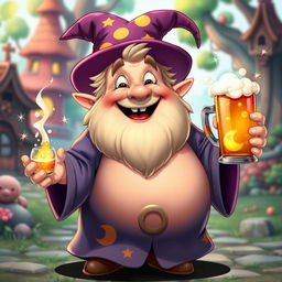 A cheerful, animated medium-sized wizard with a round belly and a joyful expression, as if he has just enjoyed a hearty drink