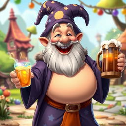 A cheerful, animated medium-sized wizard with a round belly and a joyful expression, as if he has just enjoyed a hearty drink