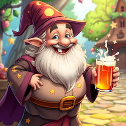 A cheerful, animated medium-sized wizard with a round belly and a joyful expression, as if he has just enjoyed a hearty drink